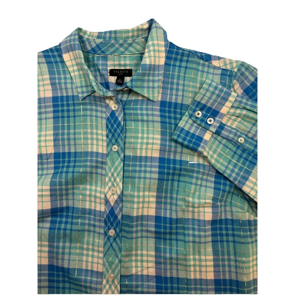 Talbots New Women's Blue Teal Metallic Plaid Long Sleeve Shirt Sz Large Petite